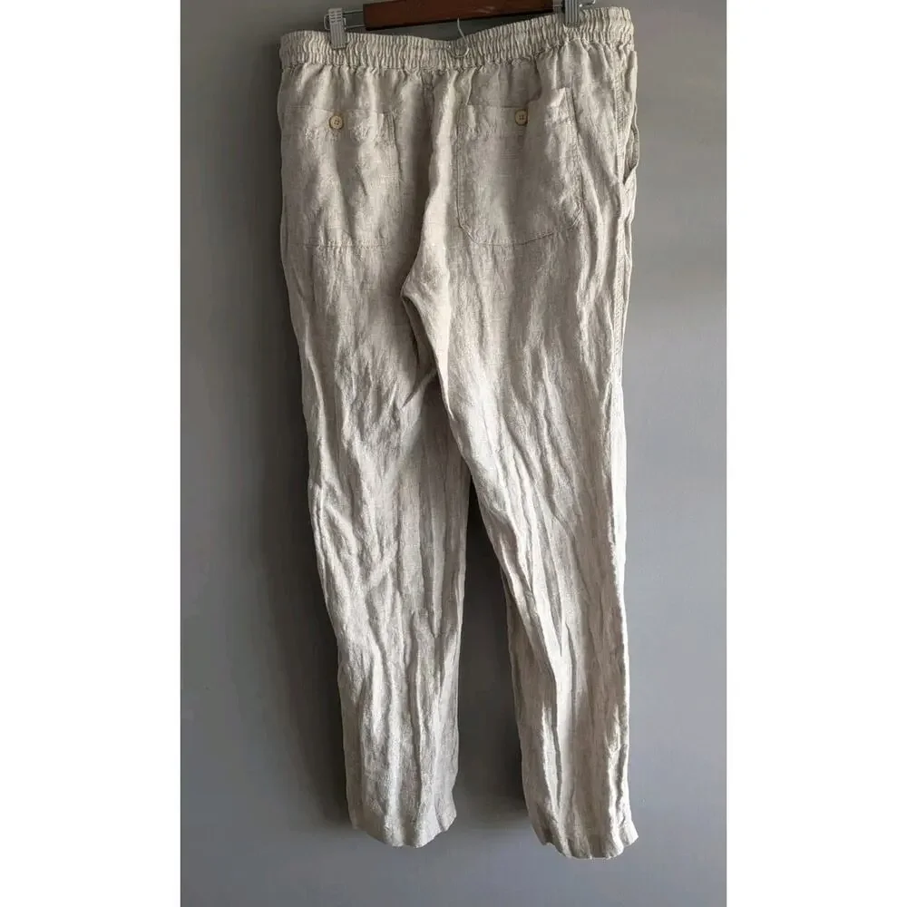 Quince 100% Linen Pants Tapered Leg Drawstring Sustainable Tan Beige Large